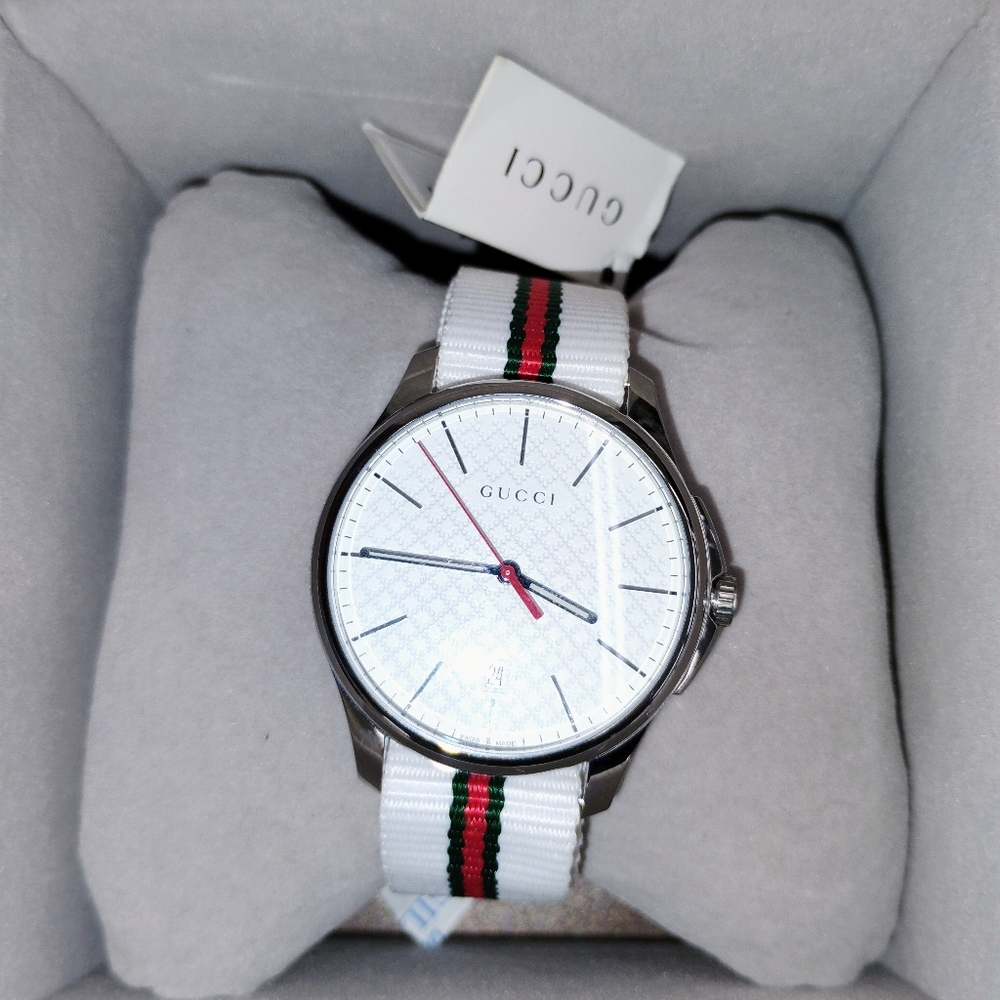 Gucci G-Timeless Silver Watch with White Dial and Striped Band